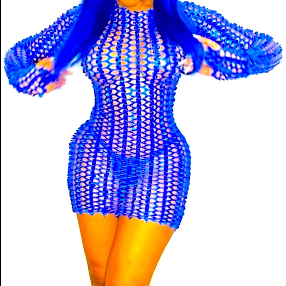 Sexy Fire Blue Elastic Cut Outs Long Sleeve Club Fun Party Dress Mini Dress